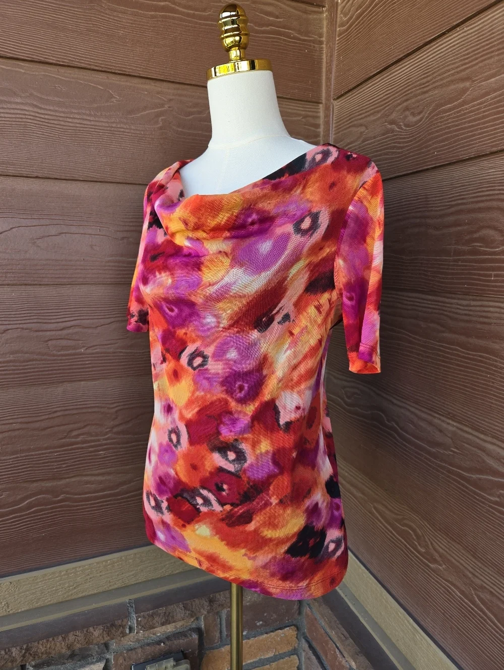 Ellen Tracy Stretch Colorful Mesh Floral Cowl Neck Women’s Top Size Medium NWOT